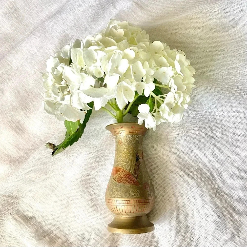 Vintage Crane and Floral Etched Brass Vase